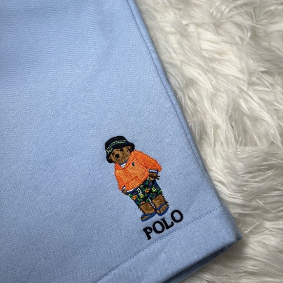 MEN’S Polo Light Blue Fleece Short with Beach Bear - Picture 2 of 4